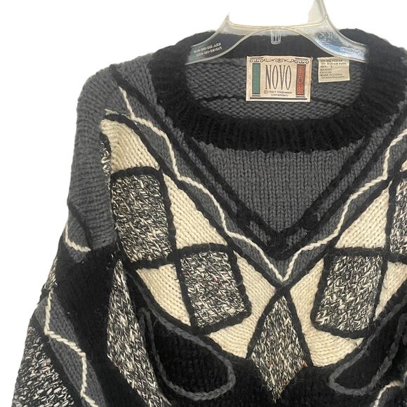 NOVO Vintage 80's Textured Sweater Mens Large Black Gray Cream Chunky 3D VTG - Picture 2 of 6